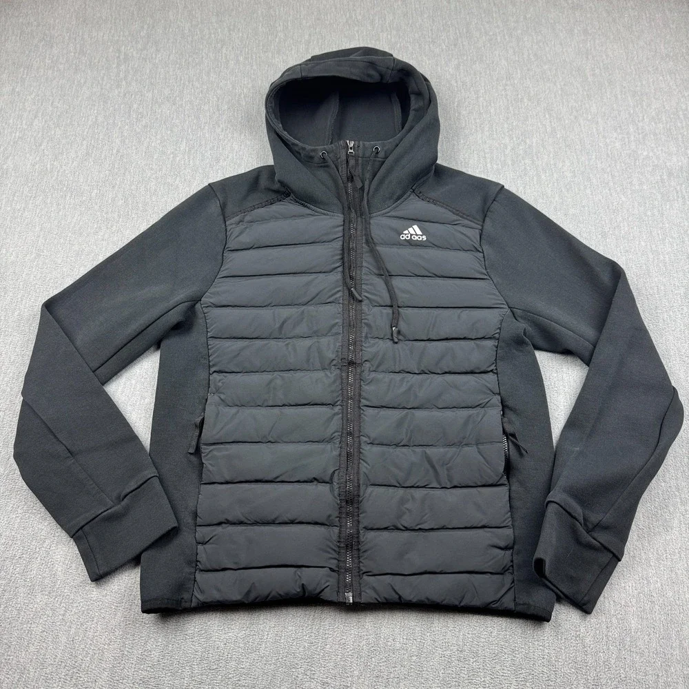 Adidas Jacket Men Small Black Varilite Hybrid Full‎ Zip Hooded Puffer Slim Fit